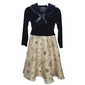 BCX Girl Sz 12 Special Occasion Dress Black Velour Faux Fur Collar Black Gold